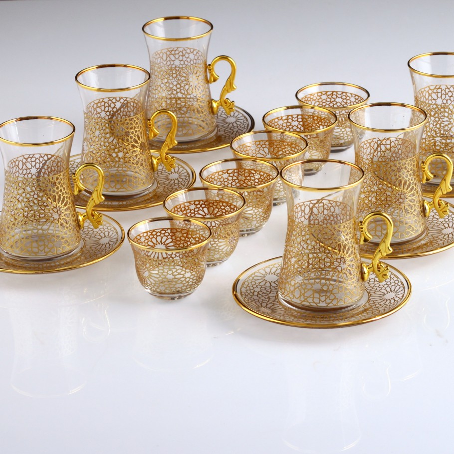 Luxury Handmade Turkish Expo Carved top Tea and Coffee Cups Set of 18 Pcs